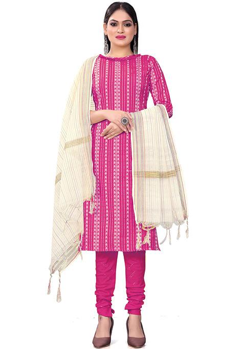 Pink Woven Cotton Kurta Set