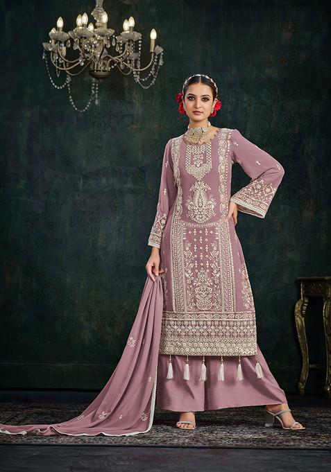 Purple Thread Embroidered Faux Georgette Kurta Set