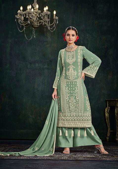 Pista Green Thread Embroidered Faux Georgette Kurta Set