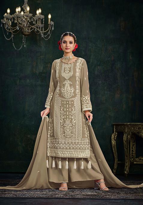 Grey Thread Embroidered Faux Georgette Kurta Set