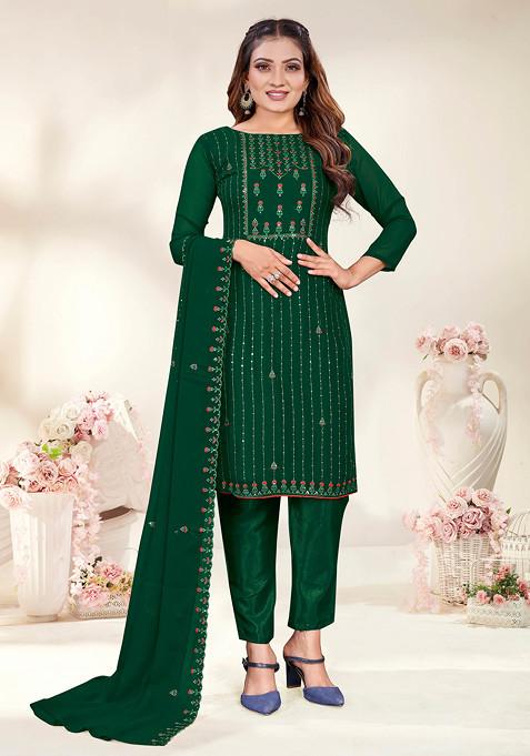 Green Embroidered Georgette Kurta Set