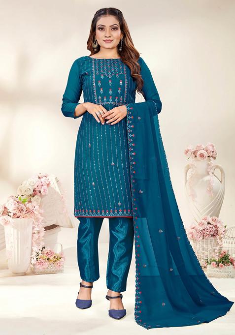 Blue Embroidered Georgette Kurta Set