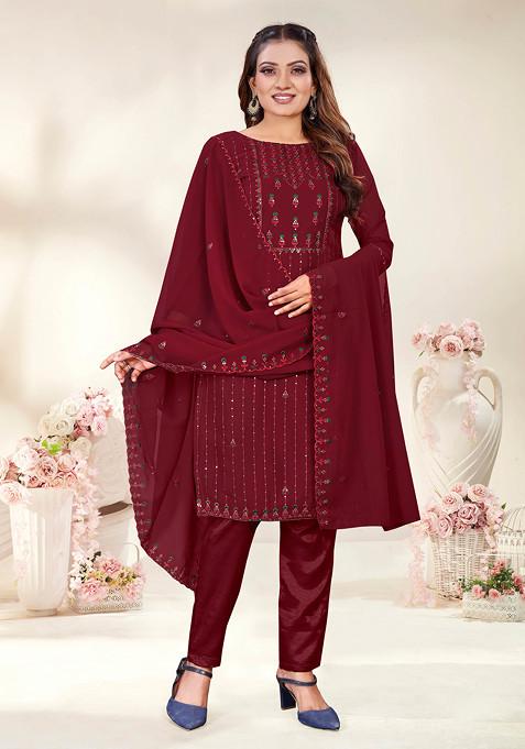 Maroon Embroidered Georgette Kurta Set