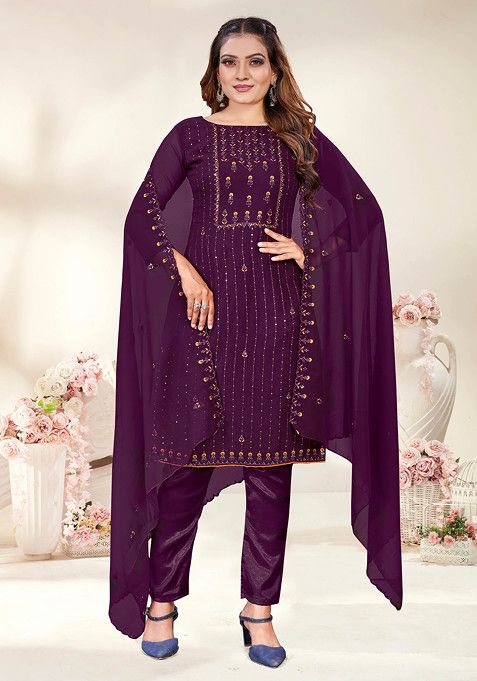 Wine Embroidered Georgette Kurta Set