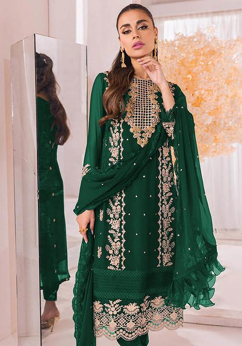 Green Embroidered Faux Georgette Kurta Set