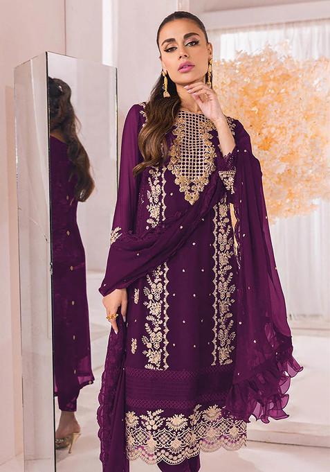 Purple Embroidered Faux Georgette Kurta Set