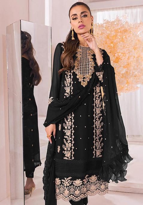 Black Embroidered Faux Georgette Kurta Set