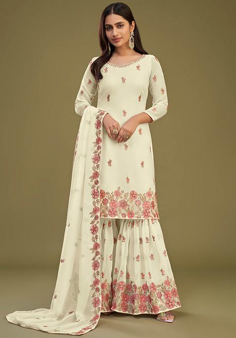 Cream Thread Embroidered Georgette Kurta Set