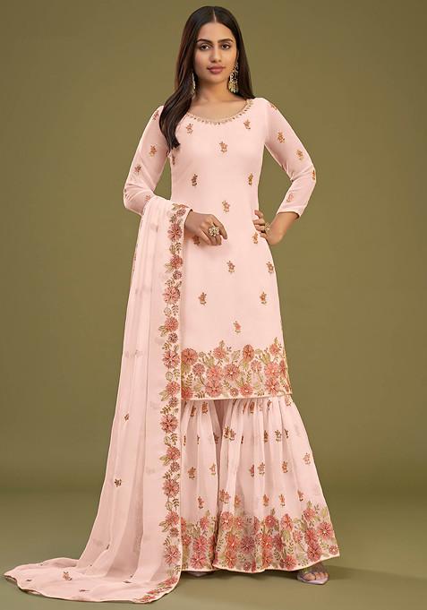 Peach Thread Embroidered Georgette Kurta Set