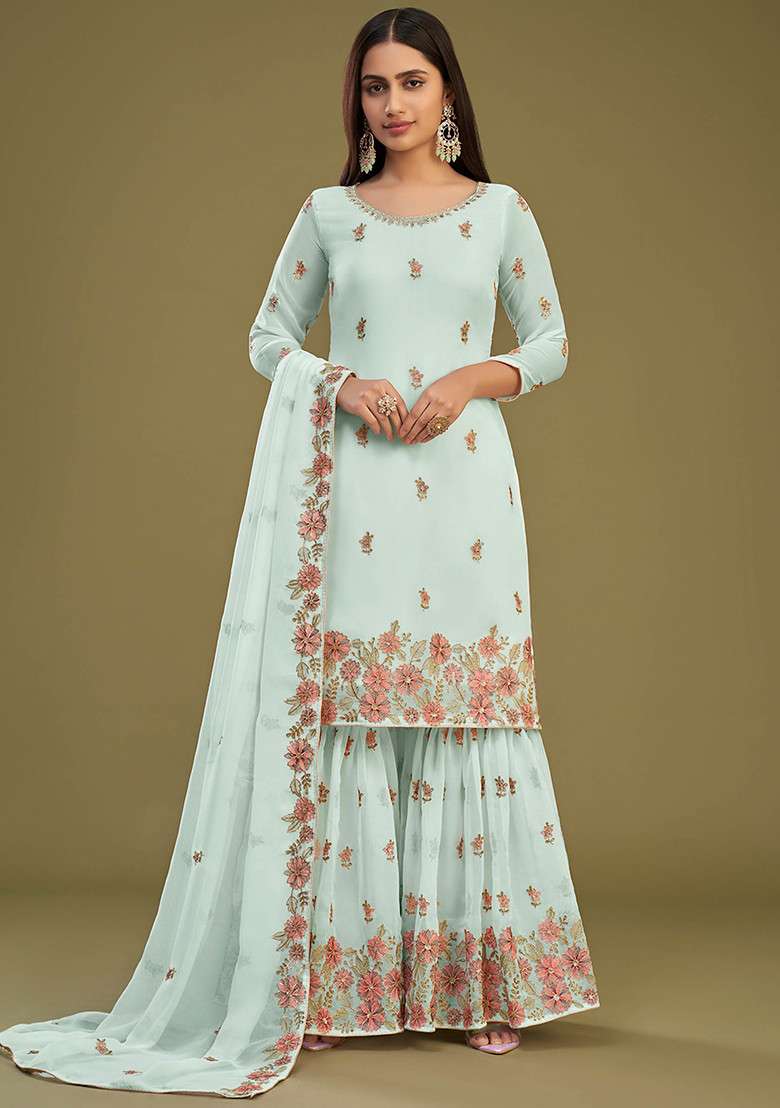 Sky Blue Thread Embroidered Georgette Kurta Set - Indya