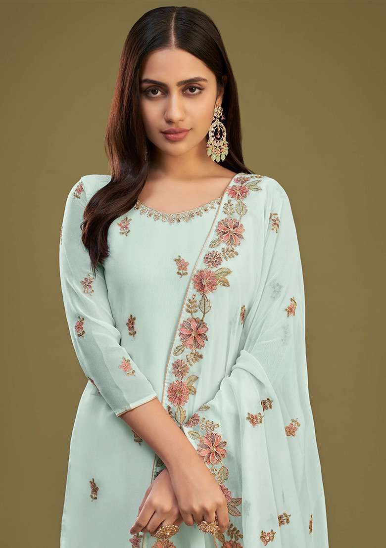 Sky Blue Thread Embroidered Georgette Kurta Set - Indya