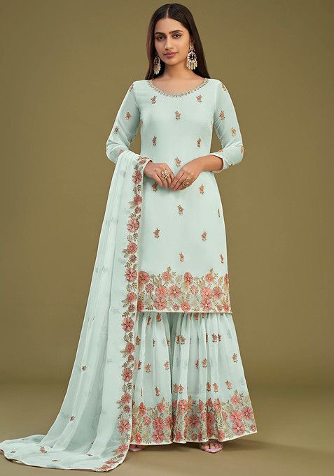 Sky Blue Thread Embroidered Georgette Kurta Set