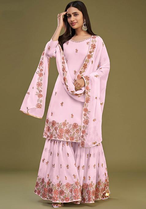 Pink Thread Embroidered Georgette Kurta Set