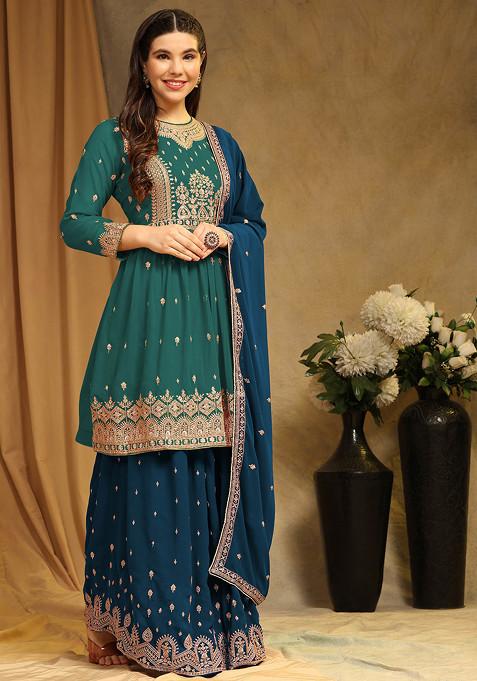 Aqua Blue Embroidered Faux Georgette Kurta Set