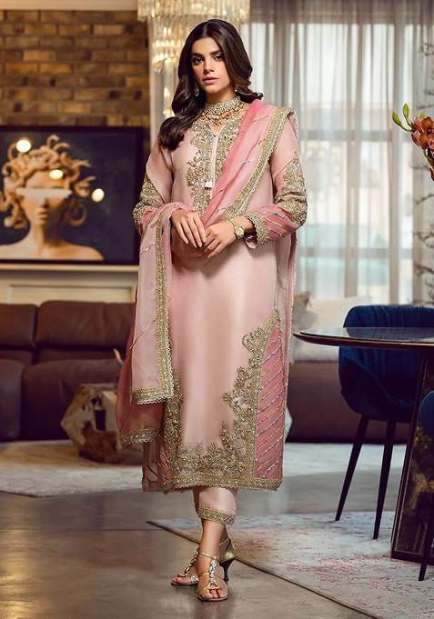 Peach Embroidered Faux Georgette Kurta Set