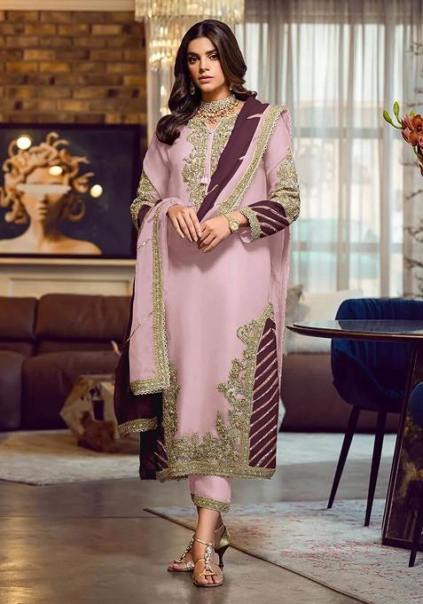 Pink Embroidered Faux Georgette Kurta Set