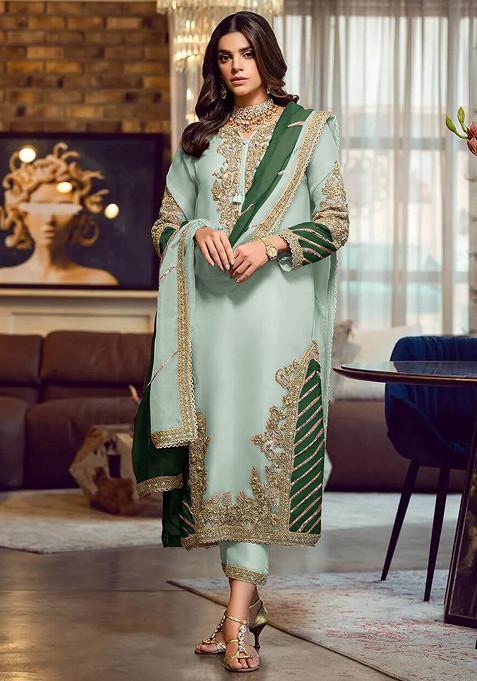 Green Embroidered Faux Georgette Kurta Set