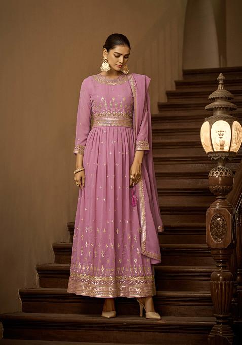 Pink Embroidered Faux Georgette Anarkali Kurta Set