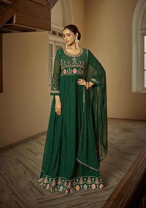 Green Embroidered Faux Georgette Anarkali Kurta Set