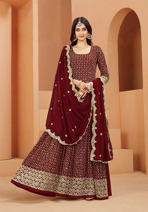 Maroon Embroidered Faux Georgette Anarkali Gown Set