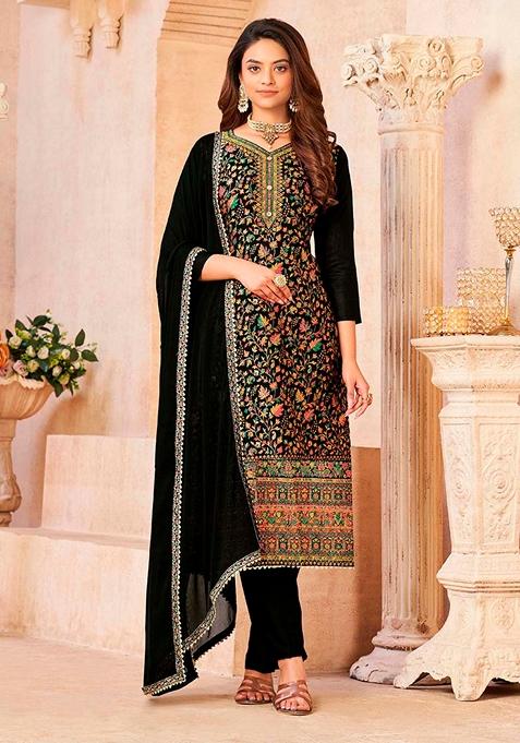 Black Woven Dola Silk Kurta Set