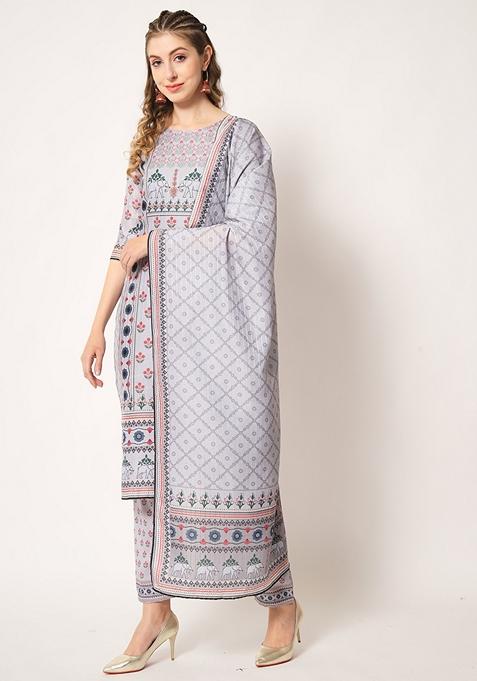 Grey Embroidered Muslin Kurta Set