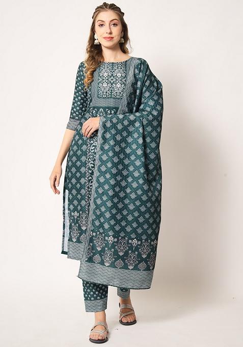 Green Embroidered Muslin Kurta Set