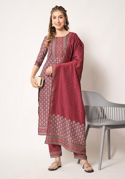 Maroon Embroidered Muslin Kurta Set