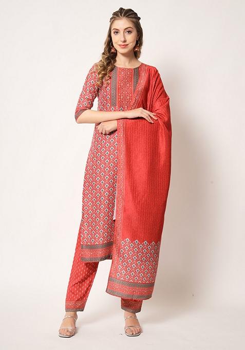 Red Embroidered Muslin Kurta Set