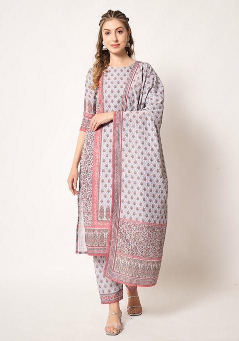 Grey Embroidered Muslin Kurta Set