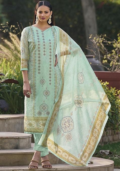 Sea Green Printed Cotton Kurta Set