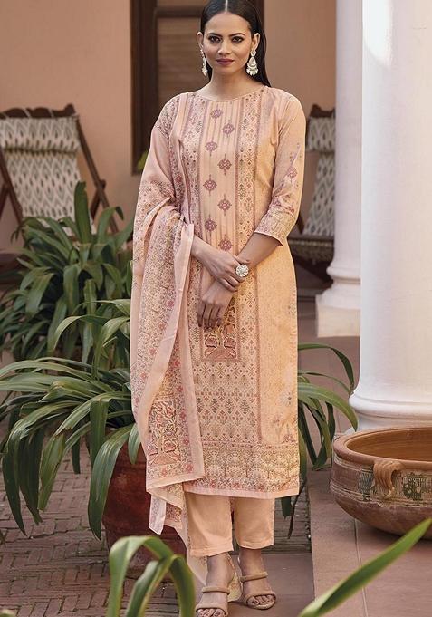 Peach Printed Cotton Kurta Set