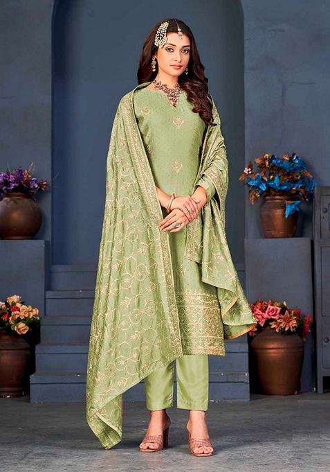 Pista Green Woven Dola Silk Kurta Set