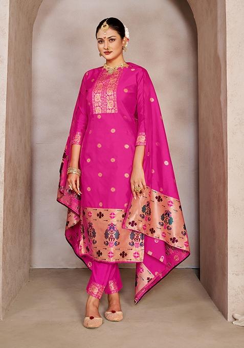 Pink Woven Taffeta Art Silk Kurta Set