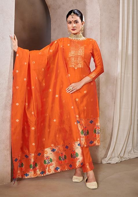 Orange Woven Taffeta Art Silk Kurta Set