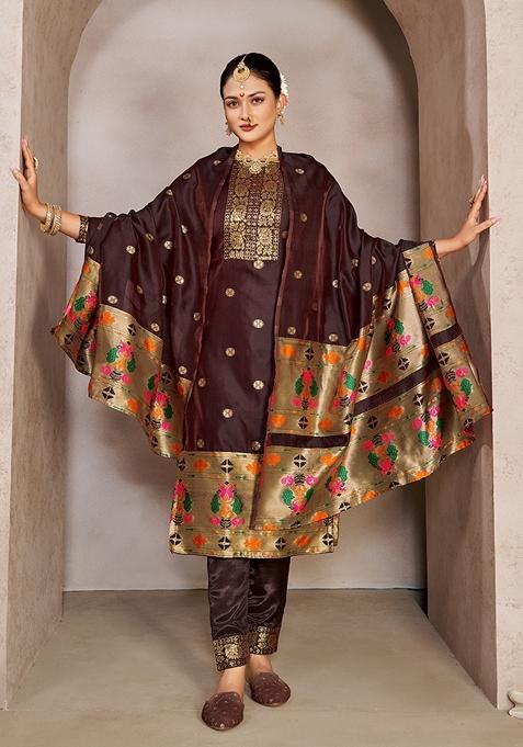 Brown Woven Taffeta Art Silk Kurta Set