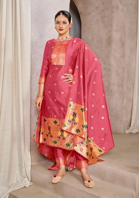 Peach Woven Taffeta Art Silk Kurta Set