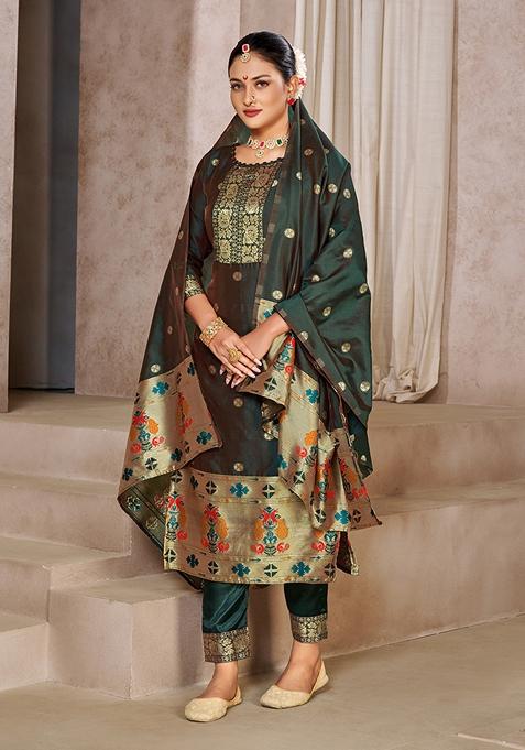 Green Woven Taffeta Art Silk Kurta Set