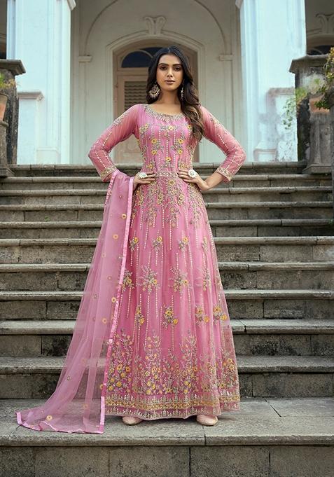 Pink Embroidered Butterfly Net Kurta Set