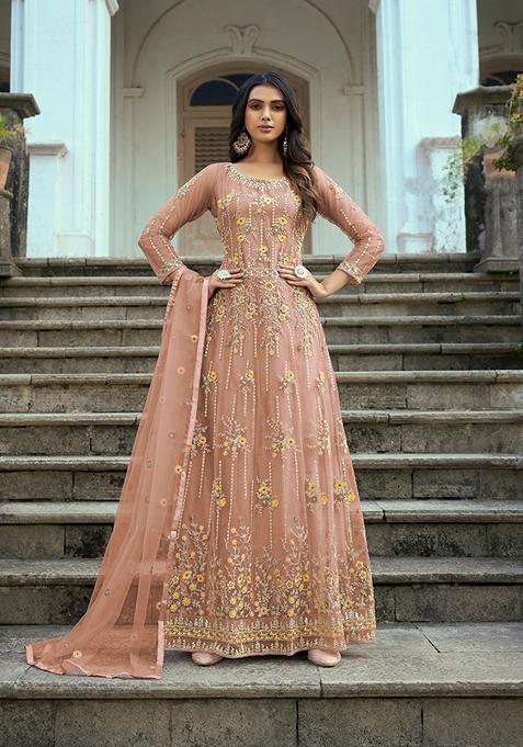 Peach Embroidered Butterfly Net Anarkali Gown Set