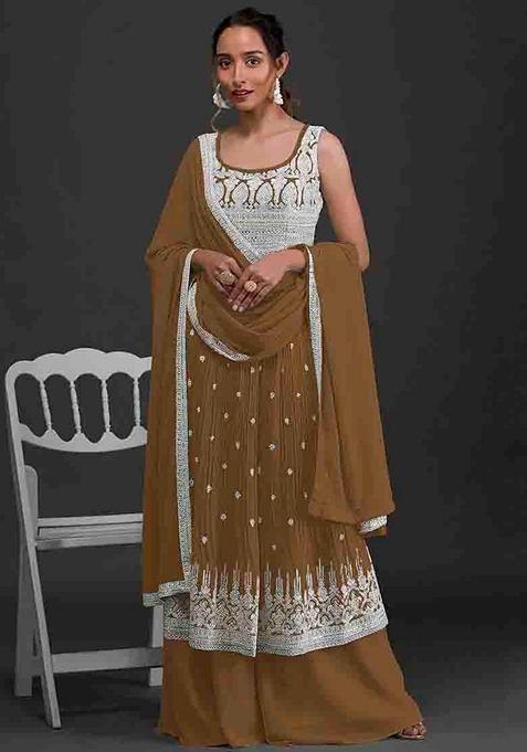 Brown Embroidered Faux Georgette Kurta Set