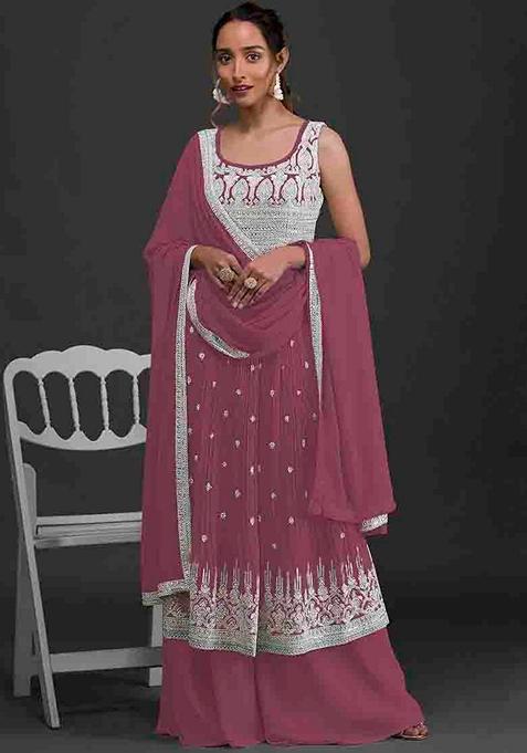 Pink Embroidered Faux Georgette Kurta Set