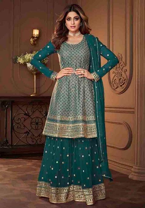 Rama Blue Embroidered Georgette Kurta Set