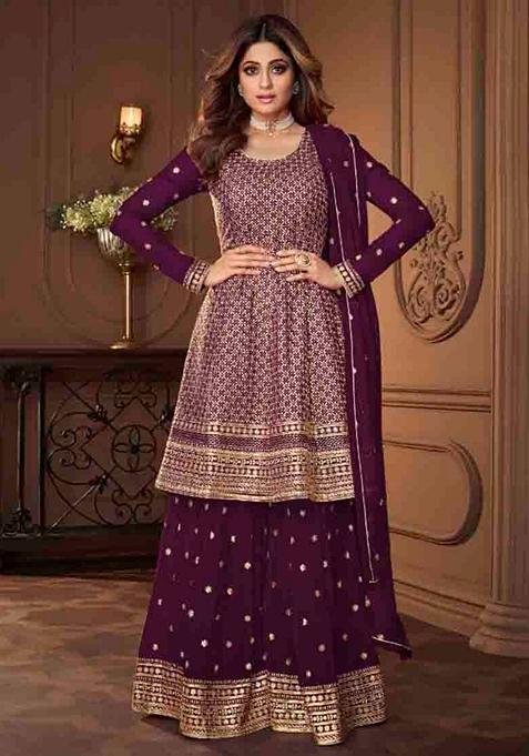 Purple Embroidered Georgette Kurta Set