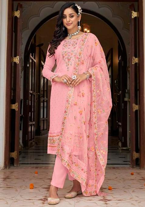 Pink Thread Embroidered Faux Georgette Kurta Set