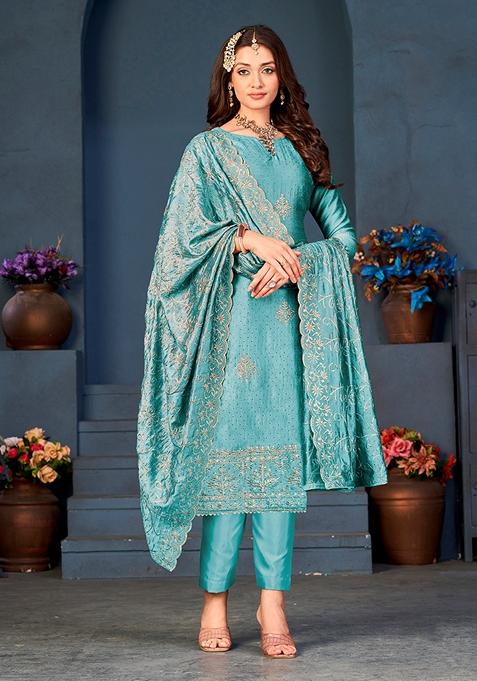 Sky Blue Embroidered Vichitra Silk Kurta Set