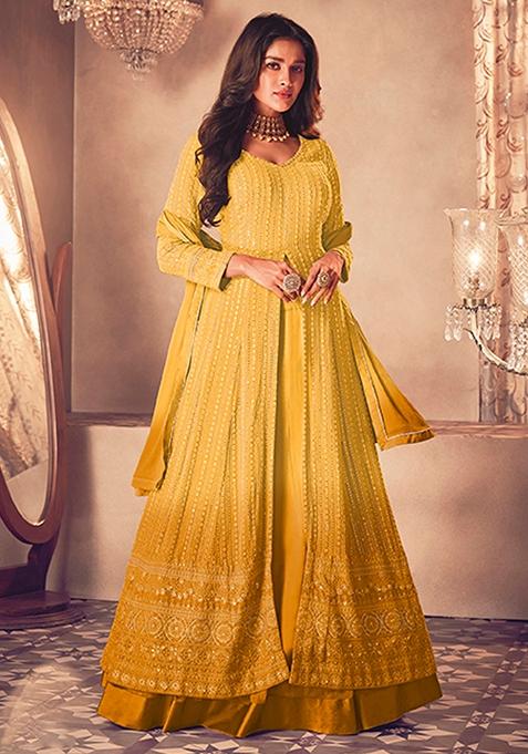 Yellow Embroidered Faux Georgette Anarkali Kurta Set