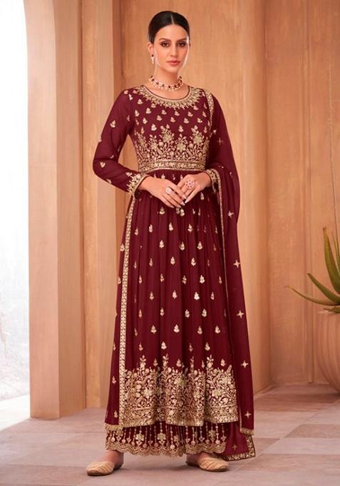 Maroon Embroidered Georgette Kurta Set