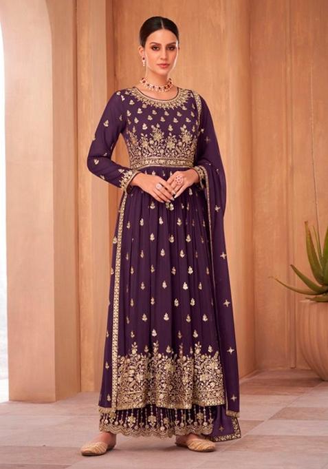 Wine Embroidered Georgette Kurta Set