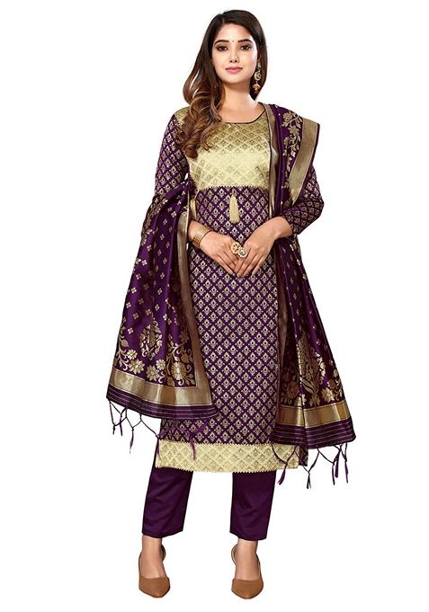 Purple Woven Banarasi Silk Kurta Set